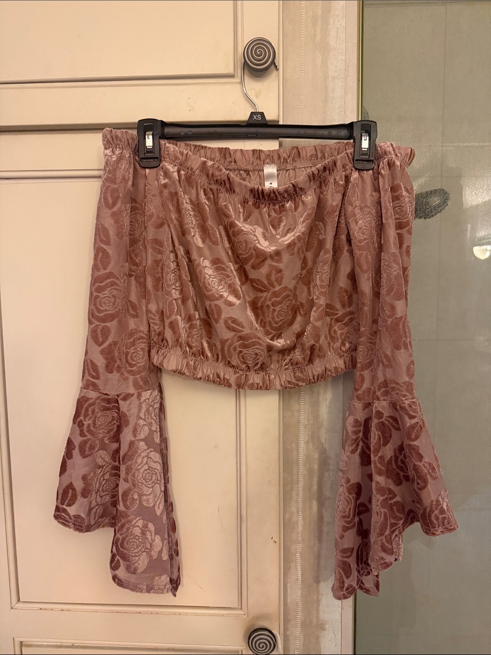 Velvet Rose Printed Off-Shoulder Bell Sleeve Top - Dusty Rose